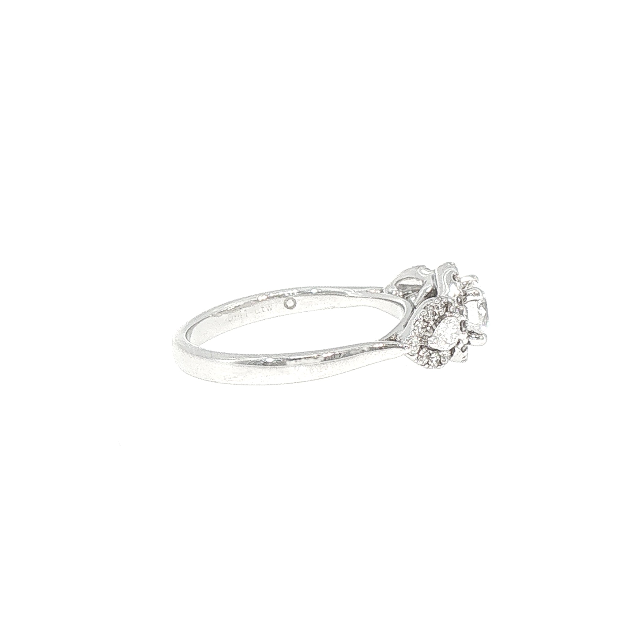 0.81ct E Vs2 Natural Diamond Three Stone Round & Pear Halo in 18ct White Gold