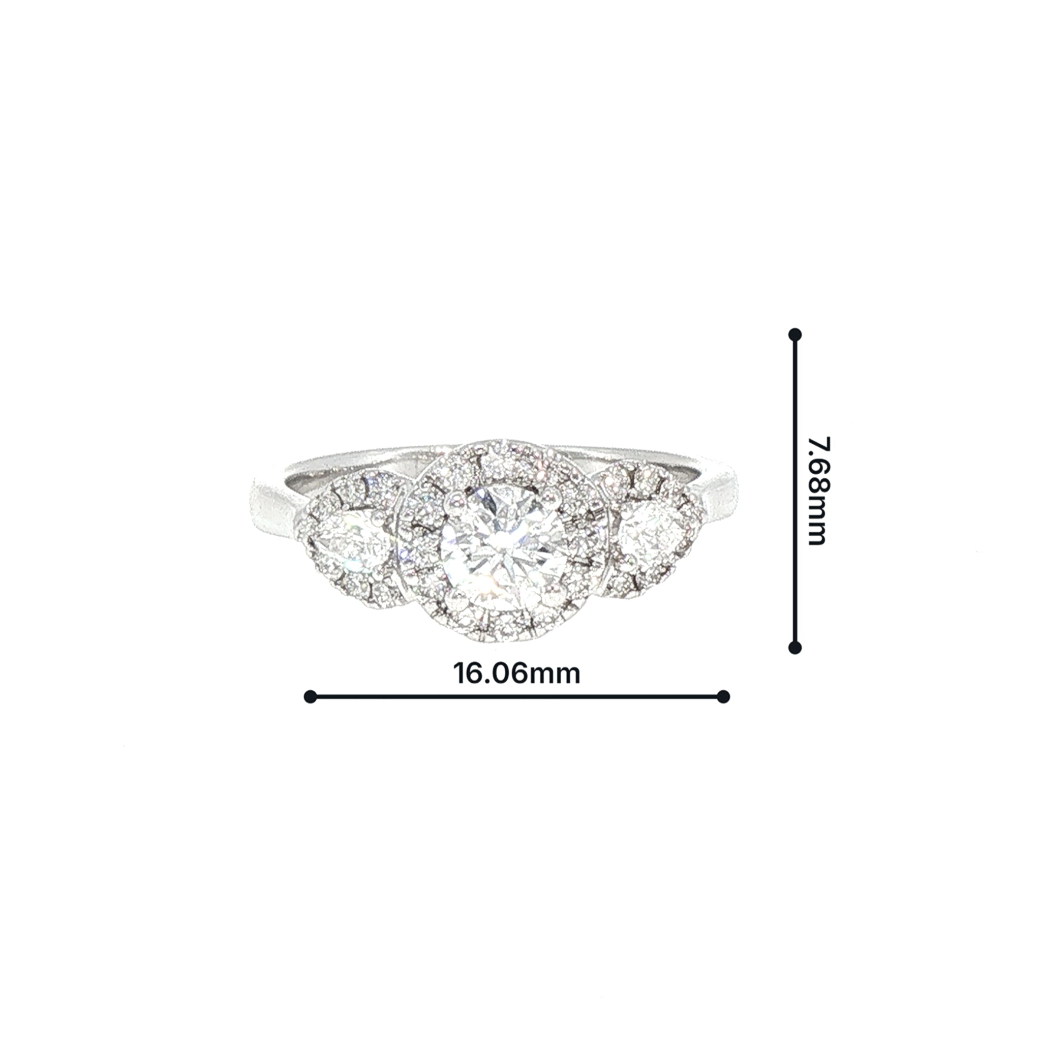0.81ct E Vs2 Natural Diamond Three Stone Round & Pear Halo in 18ct White Gold