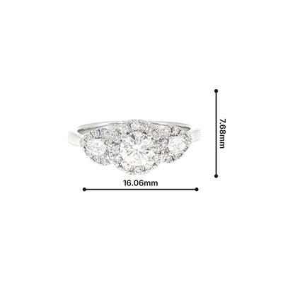 0.81ct E Vs2 Natural Diamond Three Stone Round & Pear Halo in 18ct White Gold