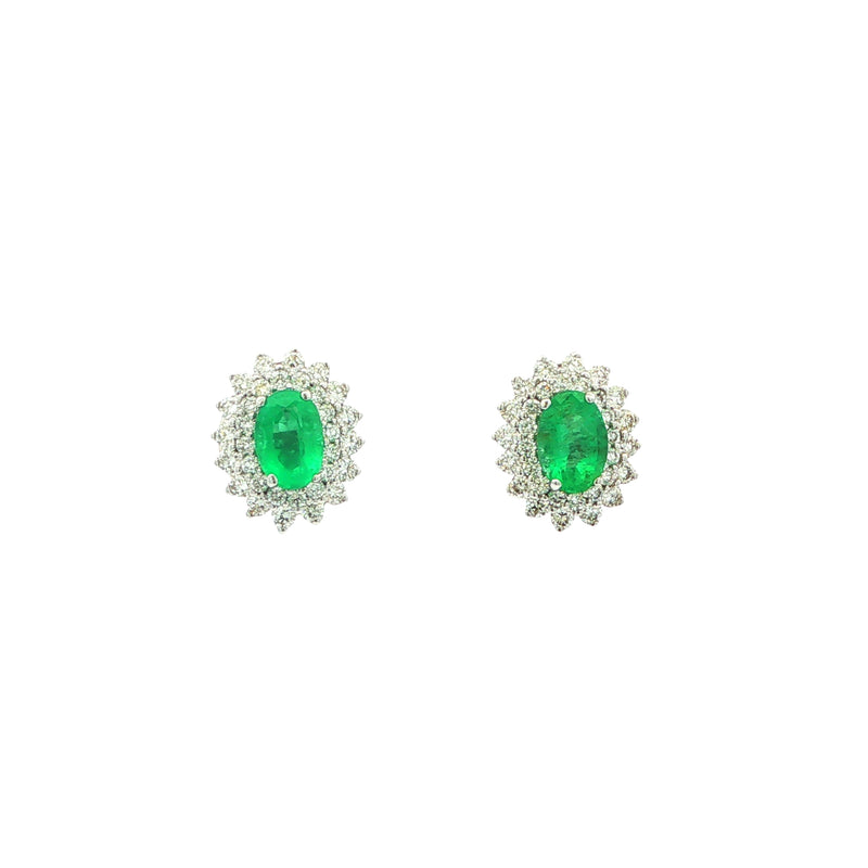 1.1ct Oval Emerald & 0.70ct Natural Diamond Double Halo Earrings in 18ct White Gold