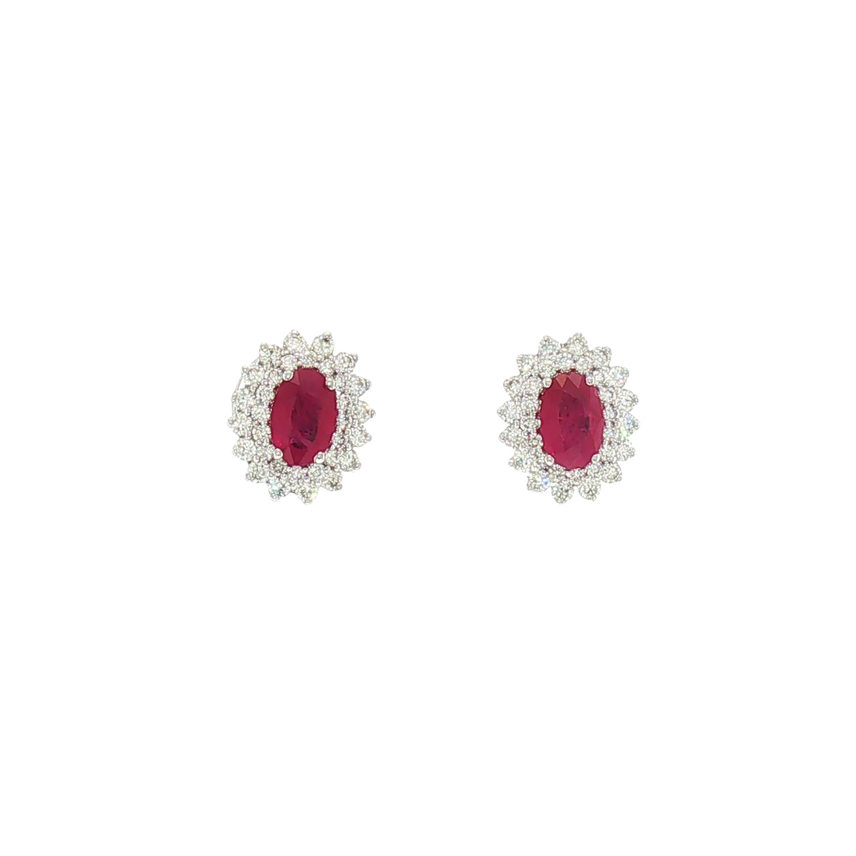 Oval Ruby and Natural Diamond Double Halo Earrings in 18ct White Gold
