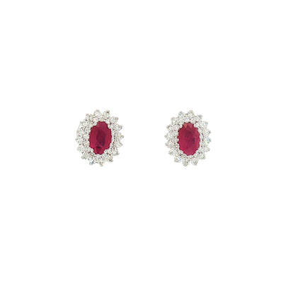 Oval Ruby and Natural Diamond Double Halo Earrings in 18ct White Gold