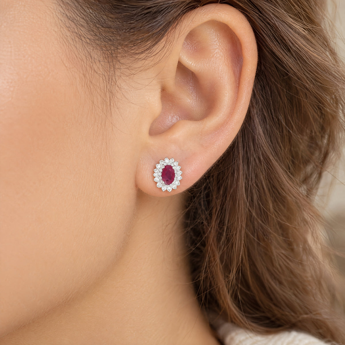 Oval Ruby and Natural Diamond Double Halo Earrings in 18ct White Gold