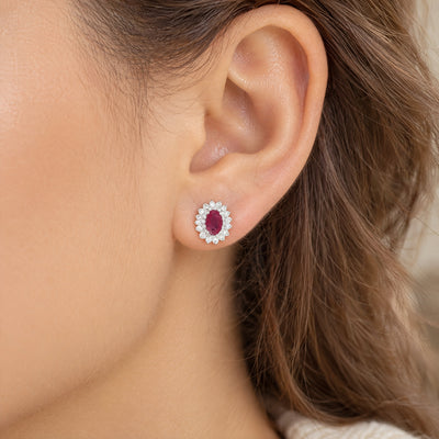 Oval Ruby and Natural Diamond Double Halo Earrings in 18ct White Gold