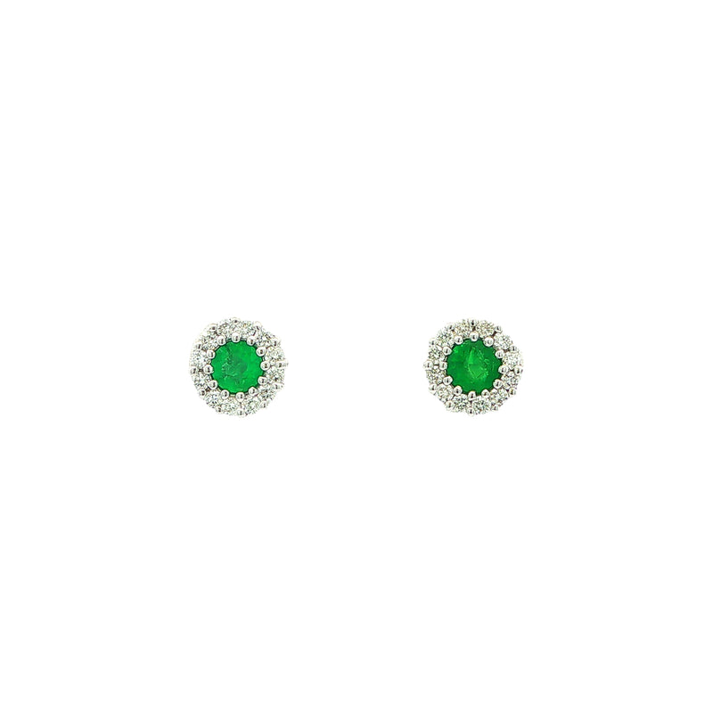 0.60ct Round Emerald & 0.28ct Natural Diamond Stud Earrings in 18ct White Gold