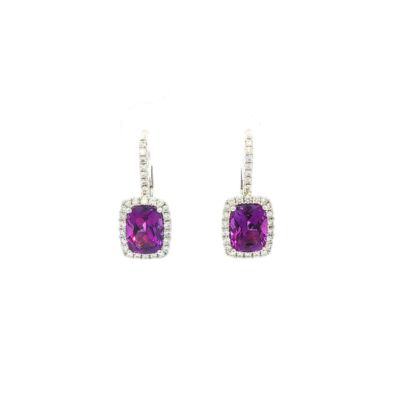 2.75ct Amethyst & 0.48ct Natural Diamond Halo Drop Earrings in 18ct White Gold