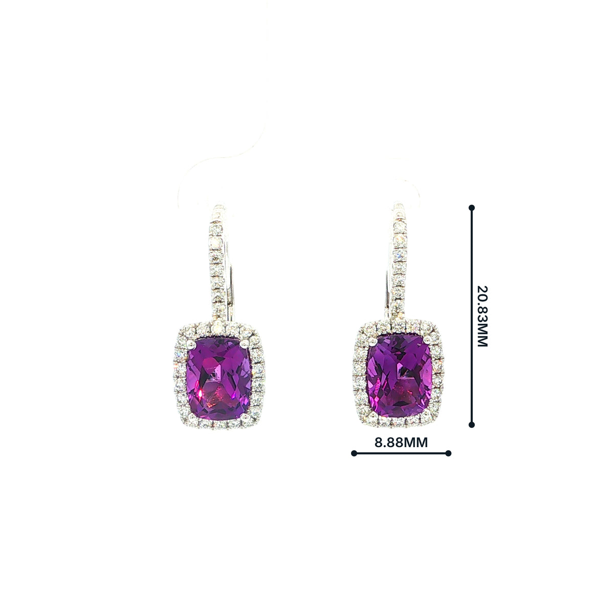 2.75ct Amethyst & 0.48ct Natural Diamond Halo Drop Earrings in 18ct White Gold