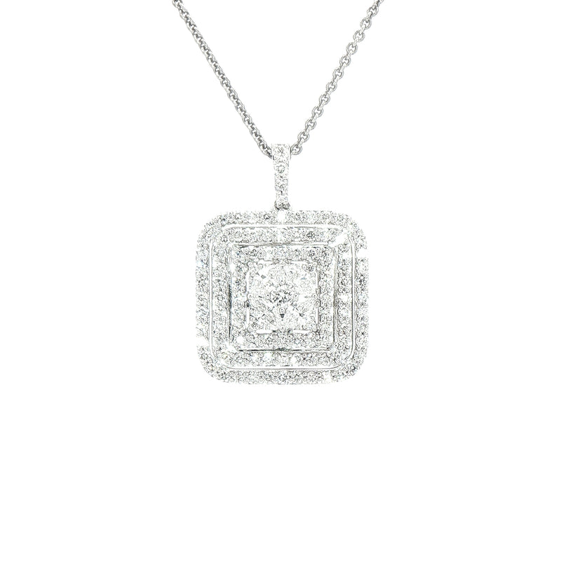 2.08ct Natural Brilliant-Cut & Marquise Diamond Square Triple Halo Pendant in 18ct White Gold