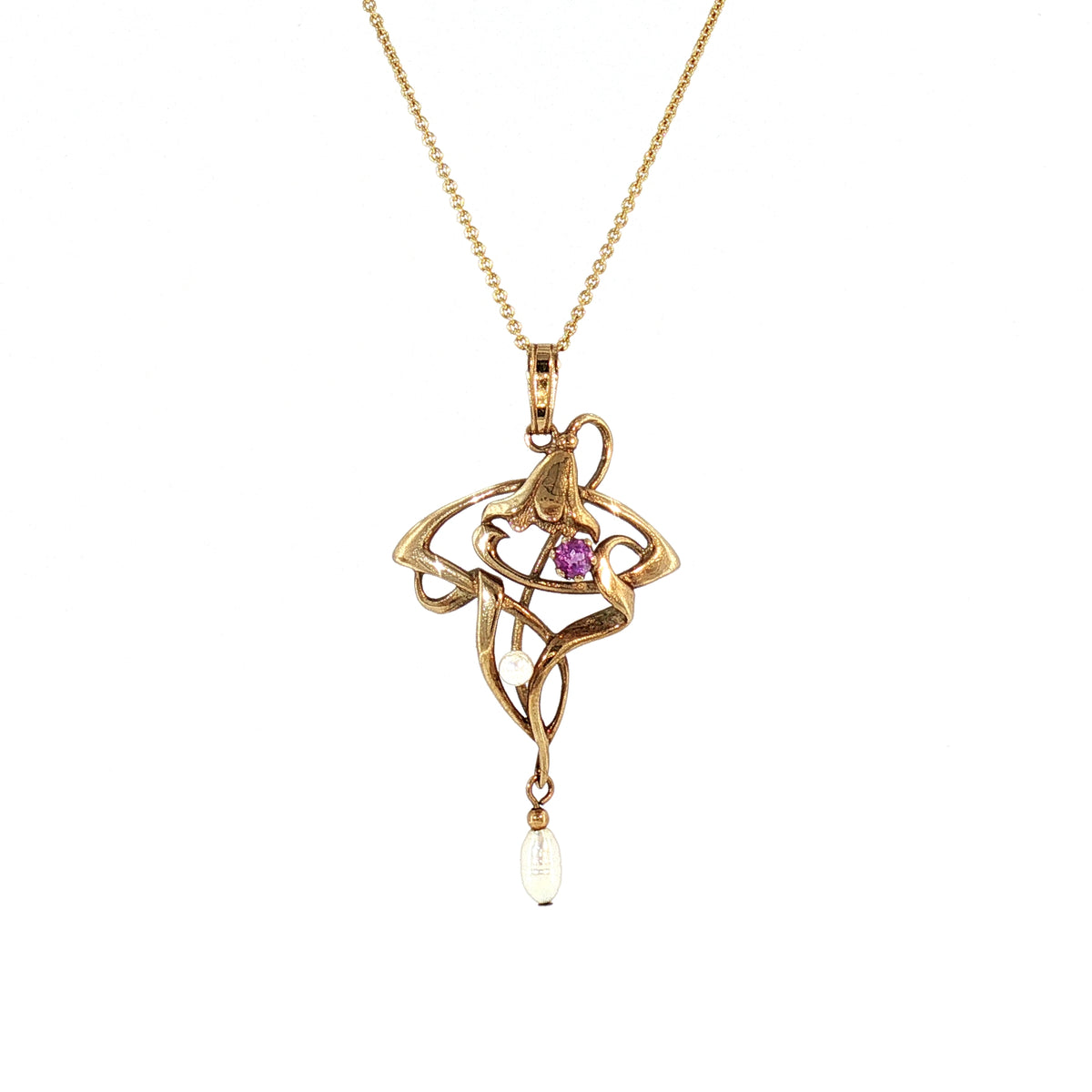 Art Deco Style Amethyst and Pearl Pendant on chain in 9ct Yellow Gold