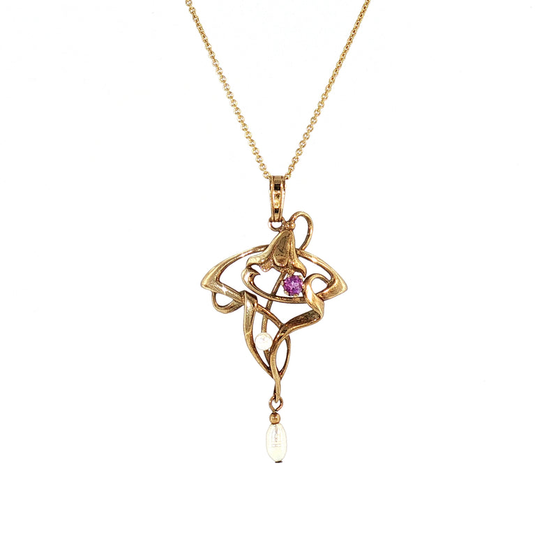Art Deco Style Amethyst and Pearl Pendant on chain in 9ct Yellow Gold