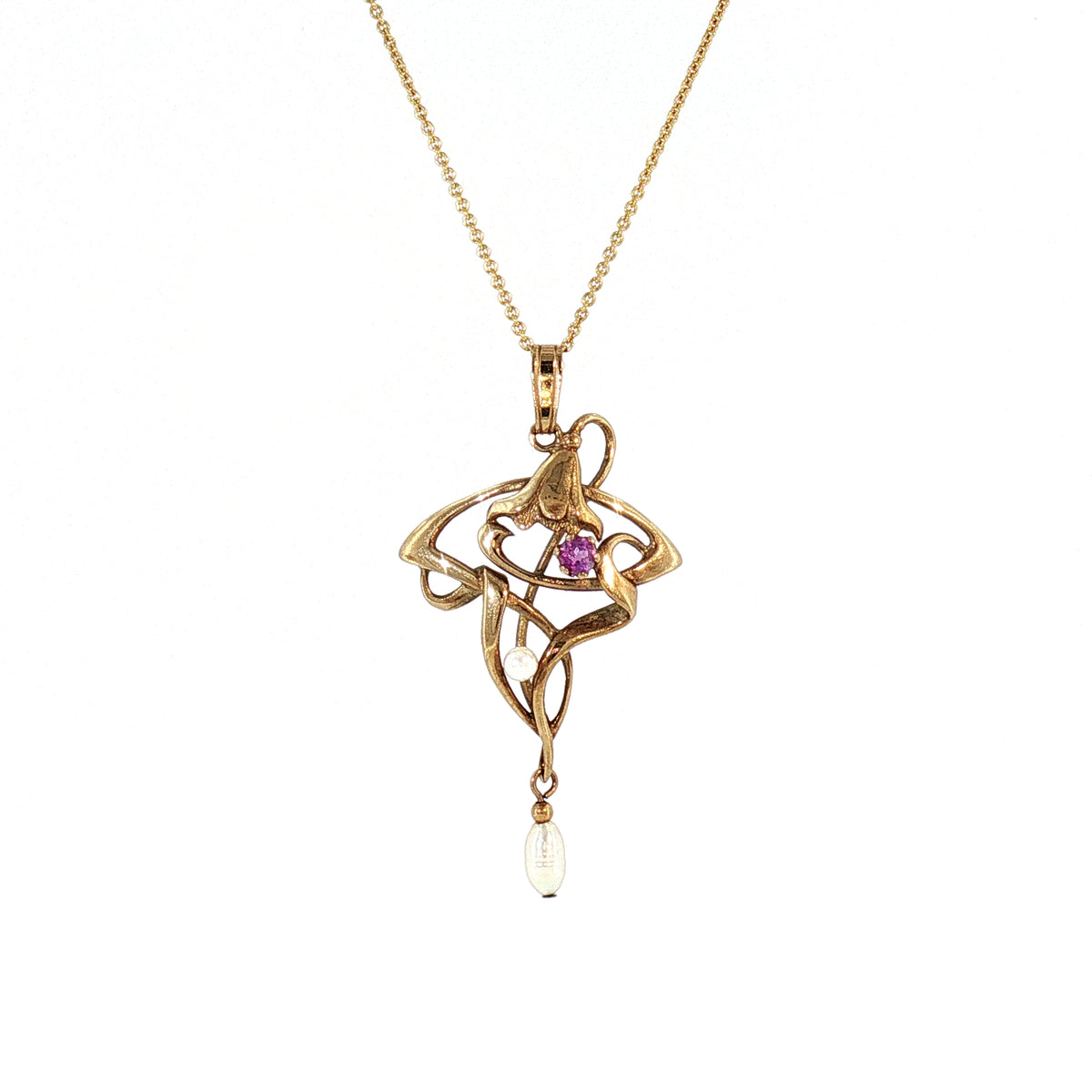 Art Deco Style Amethyst and Pearl Pendant on chain in 9ct Yellow Gold