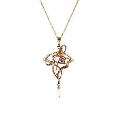 Art Deco Style Amethyst and Pearl Pendant on chain in 9ct Yellow Gold