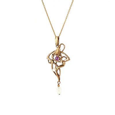 Art Deco Style Amethyst and Pearl Pendant on chain in 9ct Yellow Gold