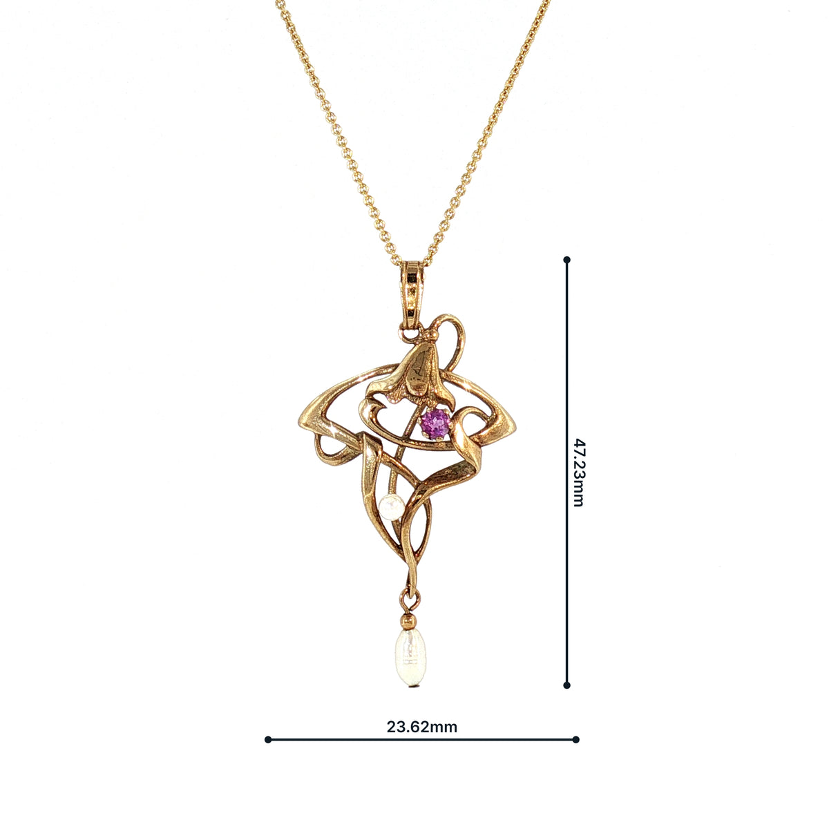 Art Deco Style Amethyst and Pearl Pendant on chain in 9ct Yellow Gold