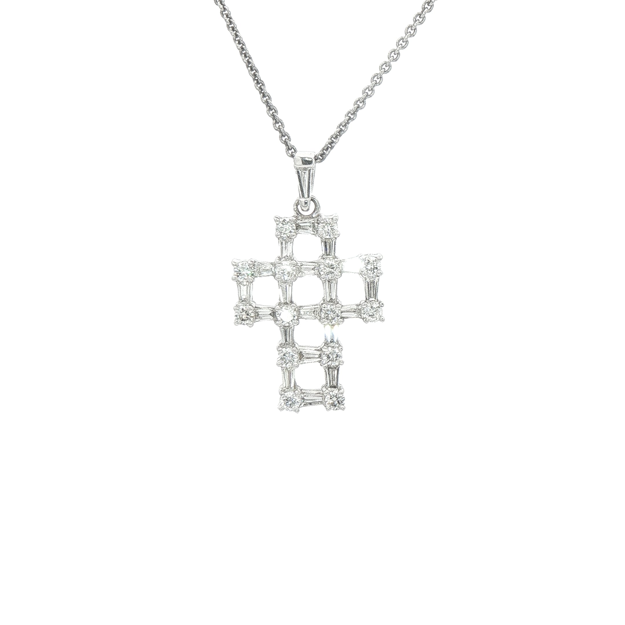Brilliant Cut 0.37ct & Baguete Cut 0.53ct Natural Diamond Open Cross Pendant in 18ct White Gold