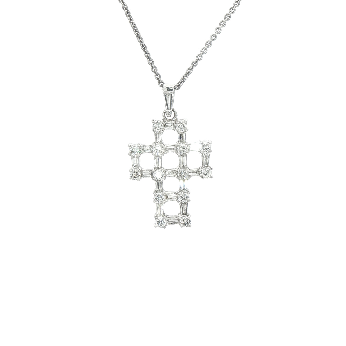 Brilliant Cut 0.37ct & Baguete Cut 0.53ct Natural Diamond Open Cross Pendant in 18ct White Gold