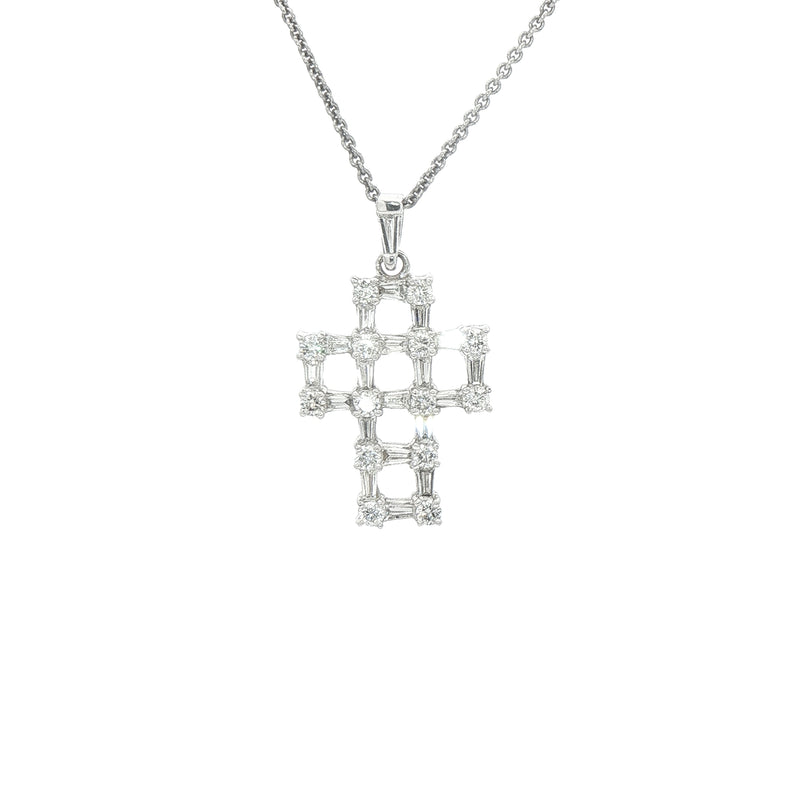 Brilliant Cut 0.37ct & Baguete Cut 0.53ct Natural Diamond Open Cross Pendant in 18ct White Gold