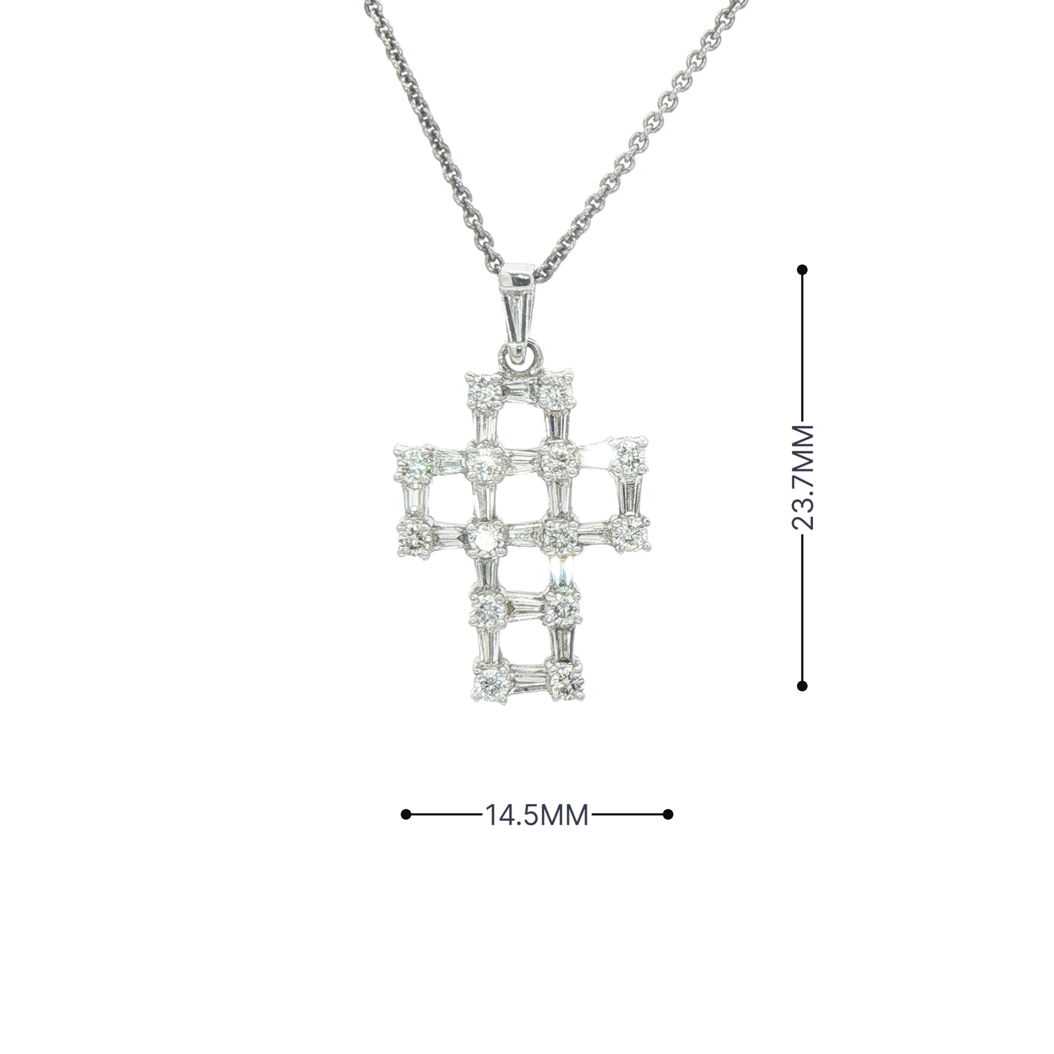 Brilliant Cut 0.37ct & Baguete Cut 0.53ct Natural Diamond Open Cross Pendant in 18ct White Gold