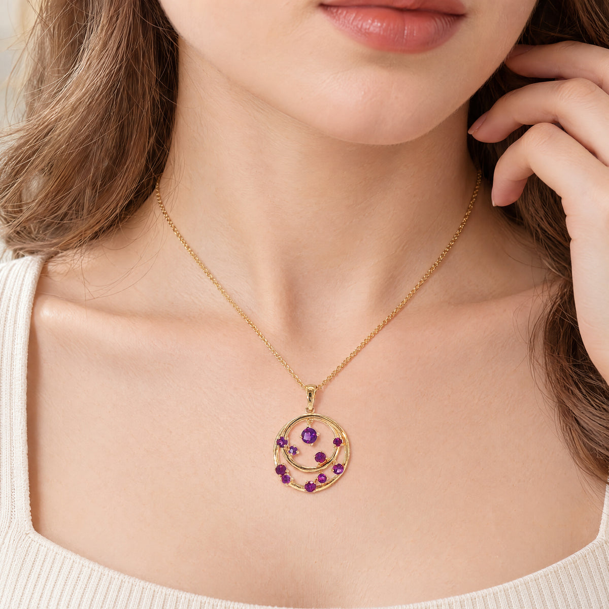 Vintage-Inspired Amethyst Concentric Circle Pendant in 9ct Yellow Gold