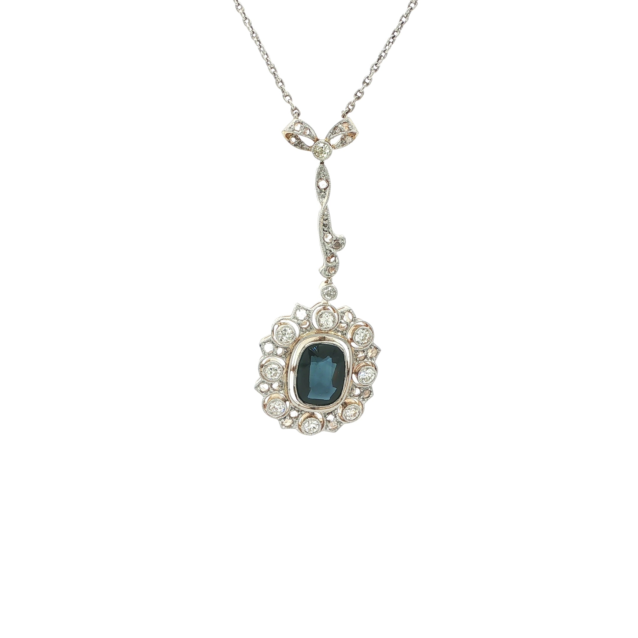 0.95ct Cushion Cut Sapphire & Natural Diamond Cluster Pendant in 18ct Yellow & White Gold