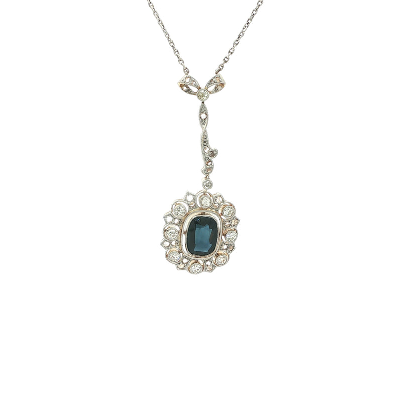 0.95ct Cushion Cut Sapphire & Natural Diamond Cluster Pendant in 18ct Yellow & White Gold