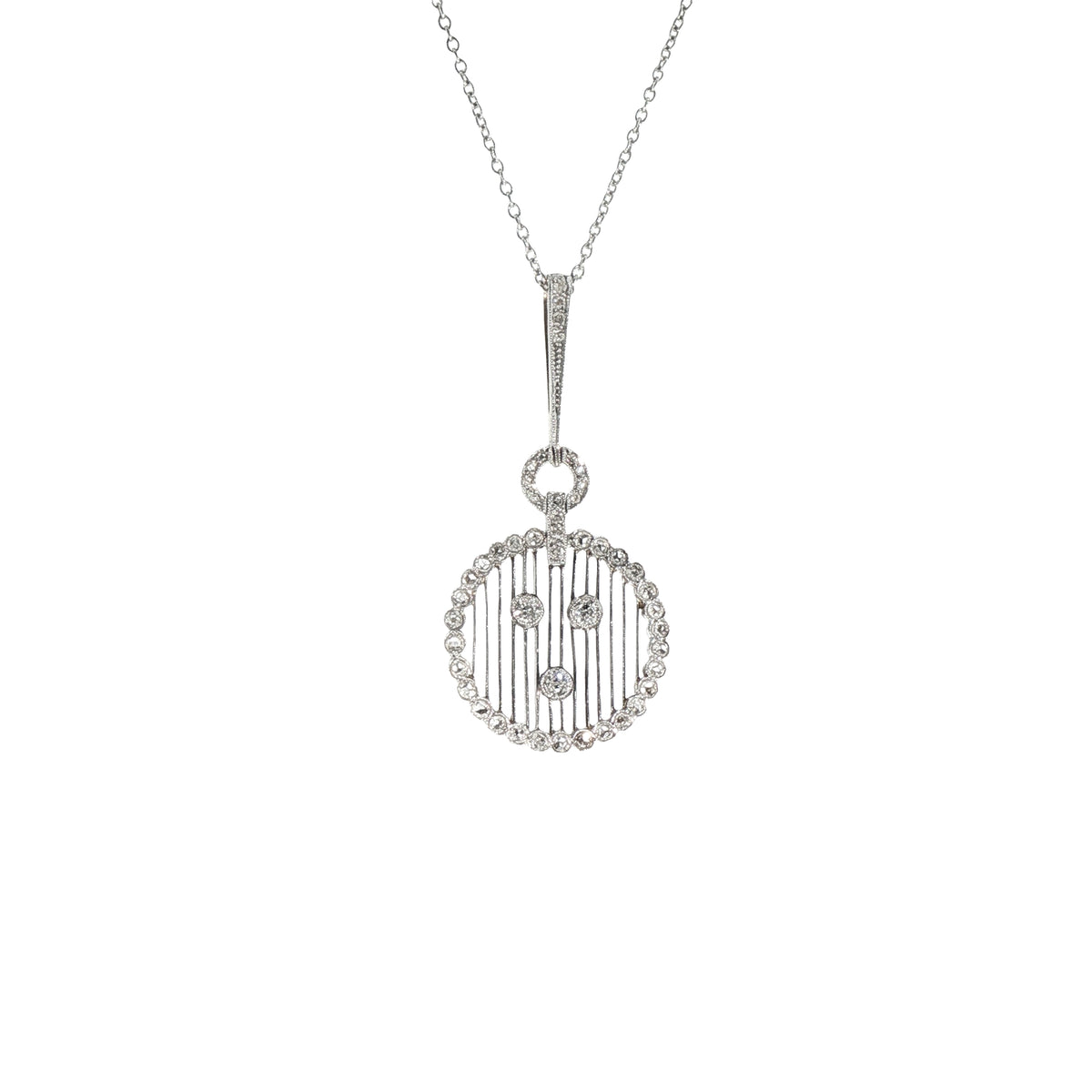 Art Deco 18ct Gold Diamond Circle Pendant on 18ct White Gold Chain