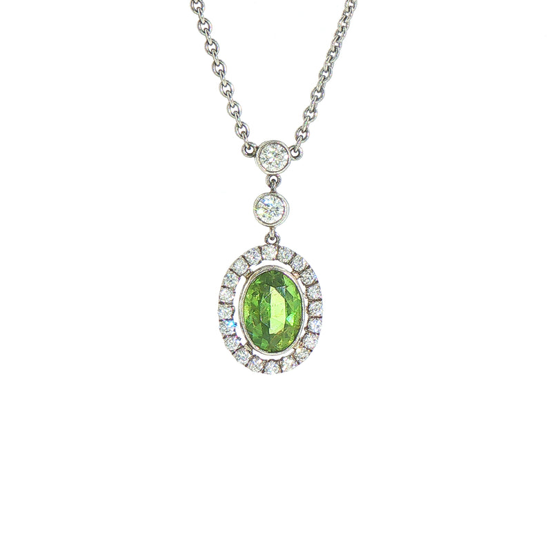 18ct White Gold Vintage Natural Demontoid Garnet & Diamond Necklace