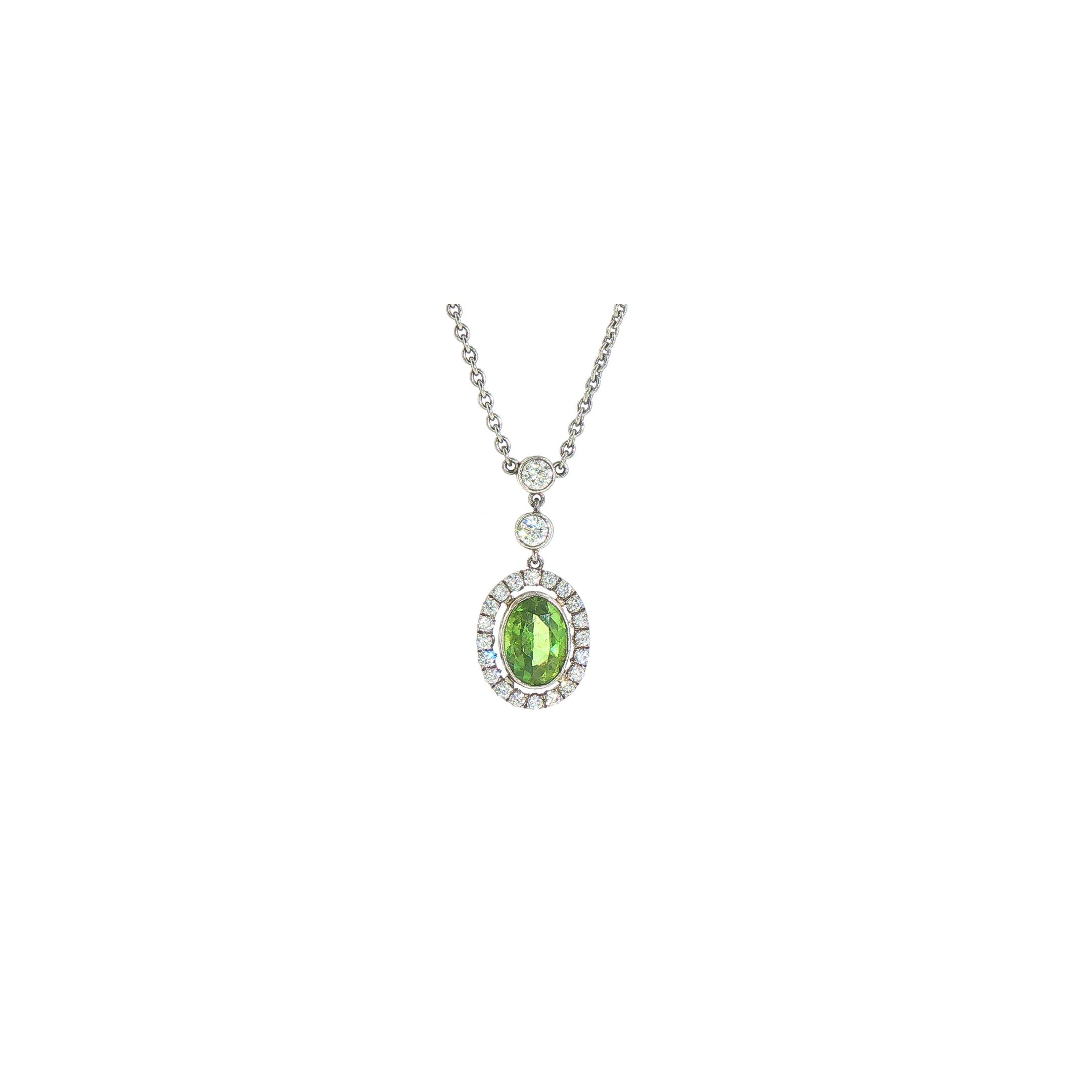 18ct White Gold Vintage Natural Demontoid Garnet & Diamond Necklace