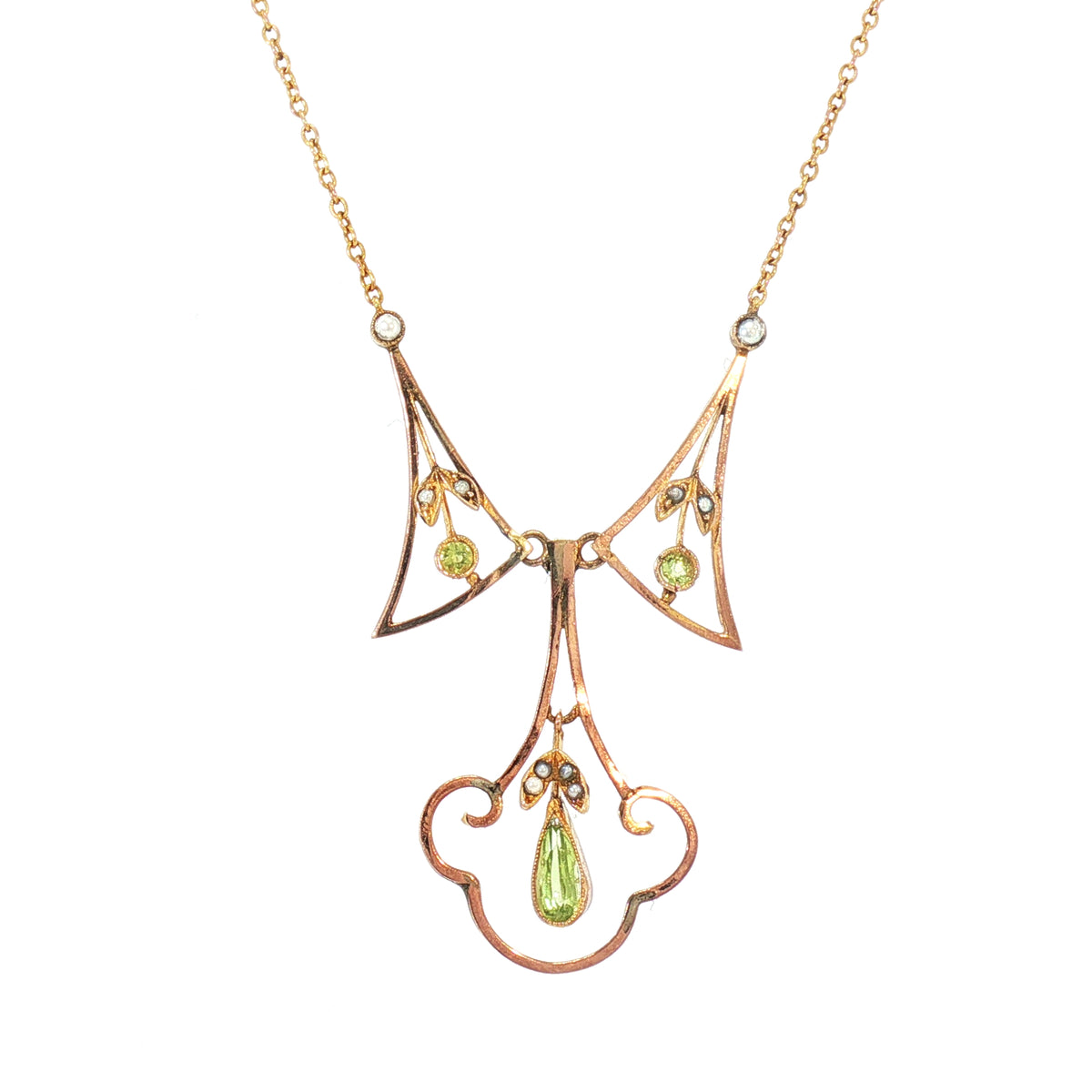 Art Nouveau Peridot and Pearl Necklace in 9ct Yellow Gold