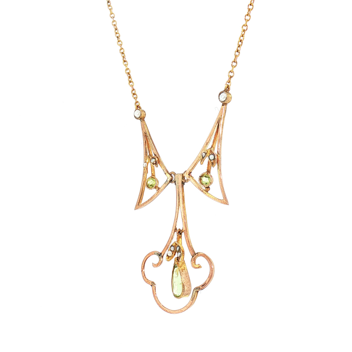 Art Nouveau Peridot and Pearl Necklace in 9ct Yellow Gold