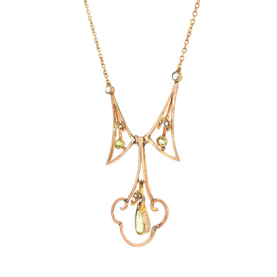 Art Nouveau Peridot and Pearl Necklace in 9ct Yellow Gold
