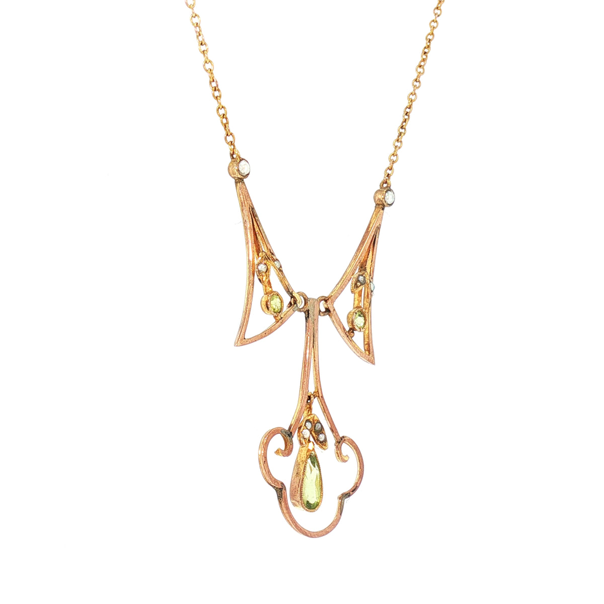 Art Nouveau Peridot and Pearl Necklace in 9ct Yellow Gold