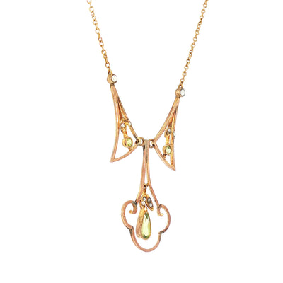 Art Nouveau Peridot and Pearl Necklace in 9ct Yellow Gold