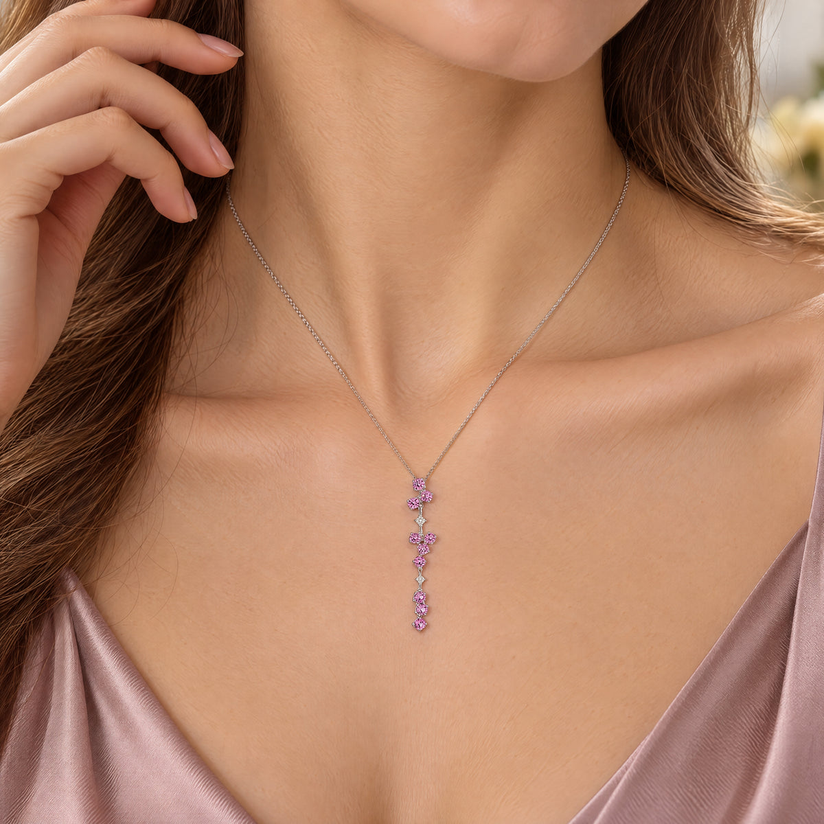 Vintage Pink Sapphire and Natural Diamond Drop Pendant in 18ct White Gold