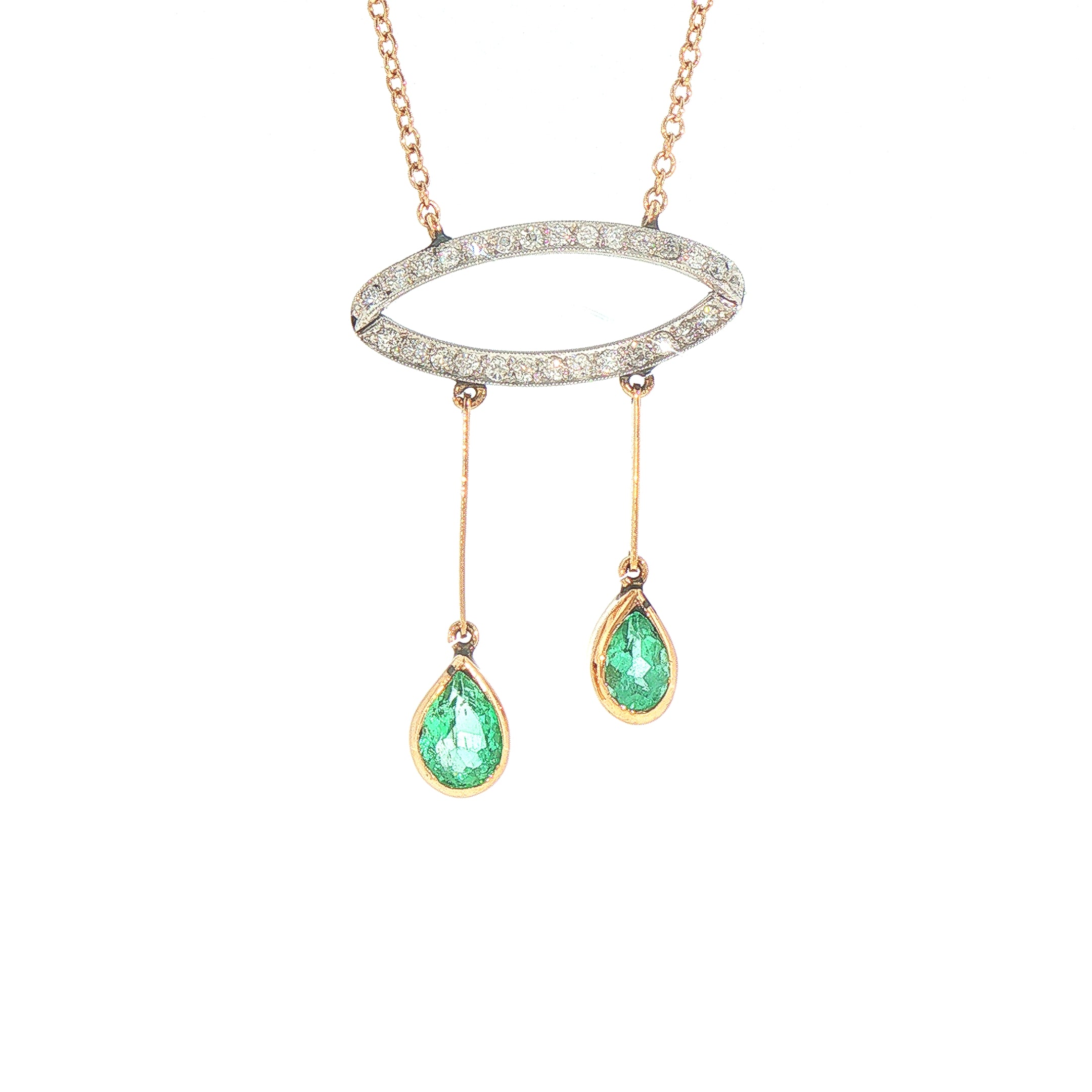 Emerald & Natural Diamond Vintage Drop Negligee Necklace in 18ct Yellow Gold