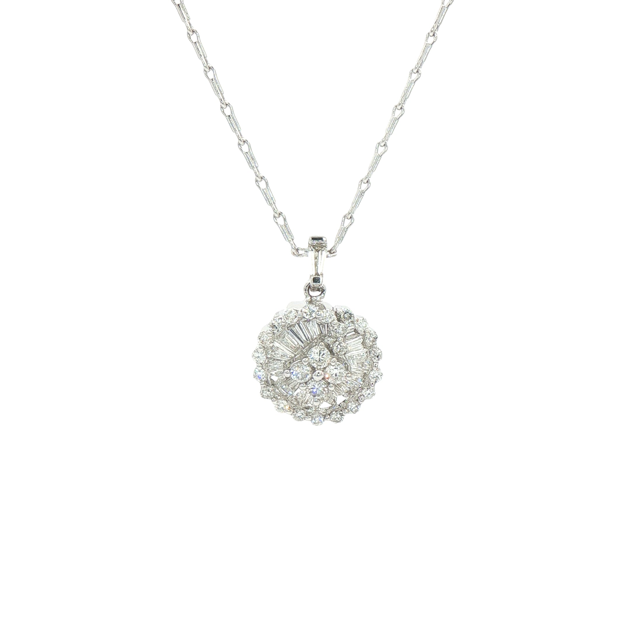 Round Multi Stone Natural Diamond Pendant & Hay Seed Chain in 18ct White Gold