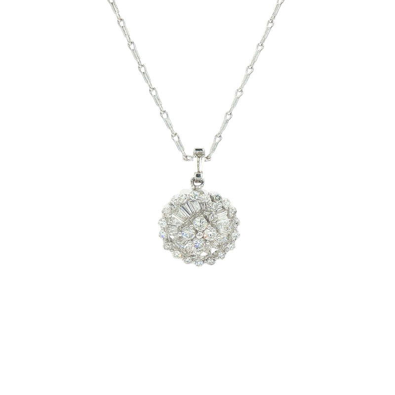 Round Multi Stone Natural Diamond Pendant & Hay Seed Chain in 18ct White Gold