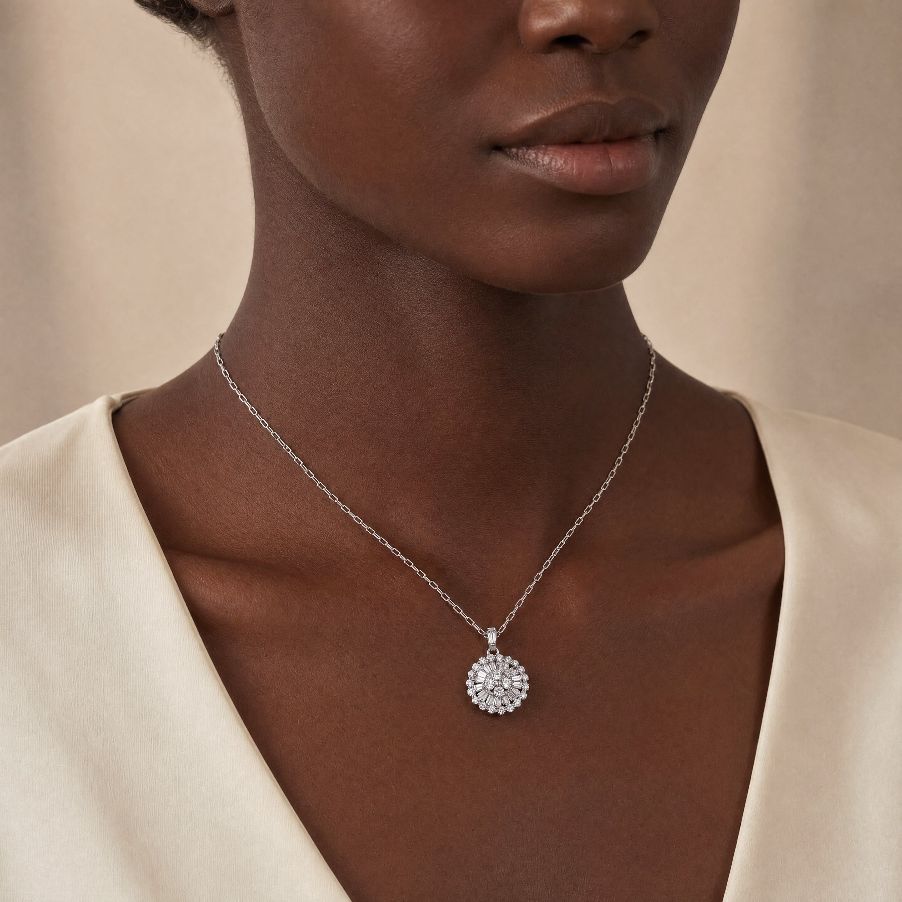 Round Multi Stone Natural Diamond Pendant & Hay Seed Chain in 18ct White Gold