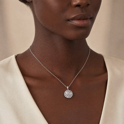 Round Multi Stone Natural Diamond Pendant & Hay Seed Chain in 18ct White Gold