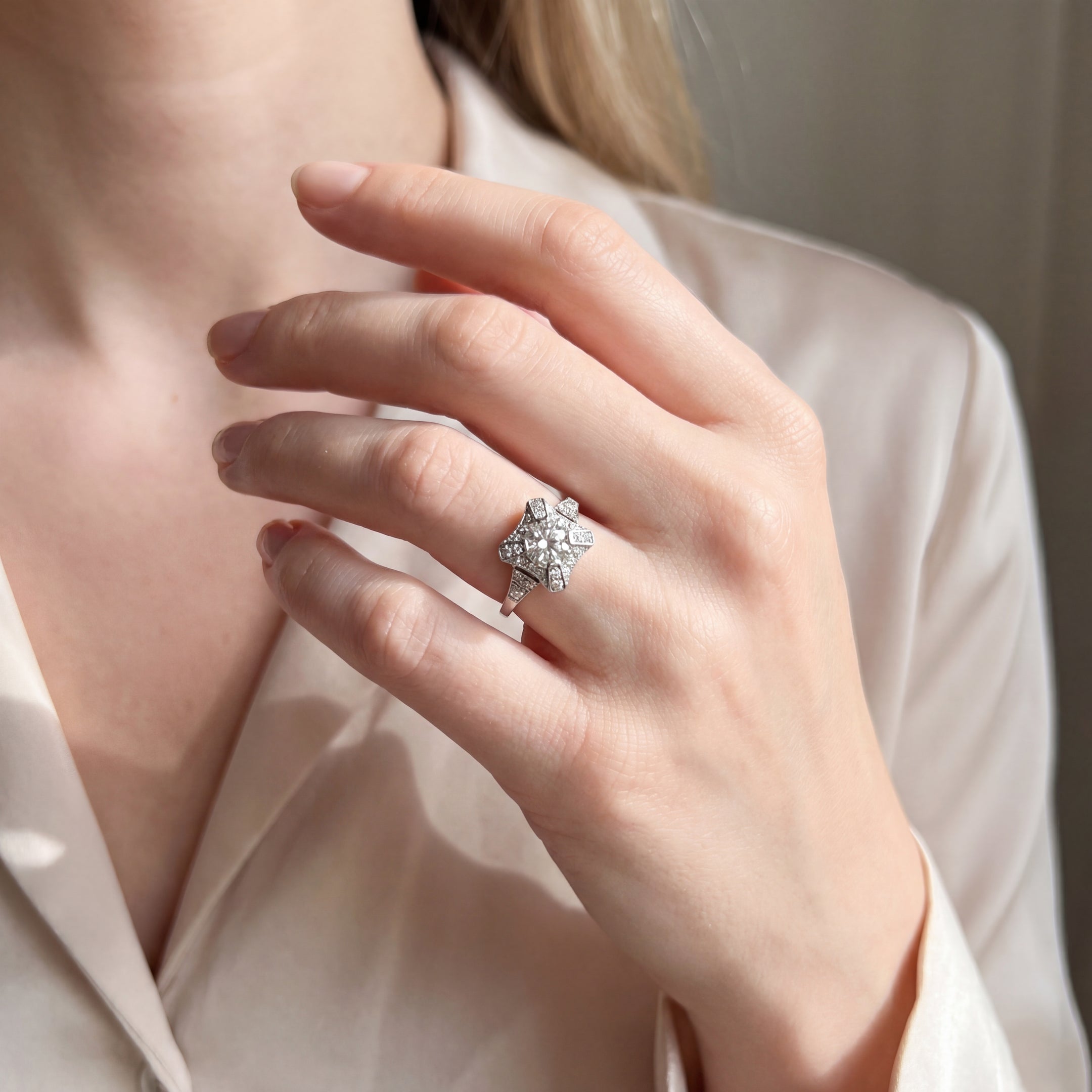 0.70ct Natural Diamond Square Shape Halo Engagement Ring Set in 18ct White Gold