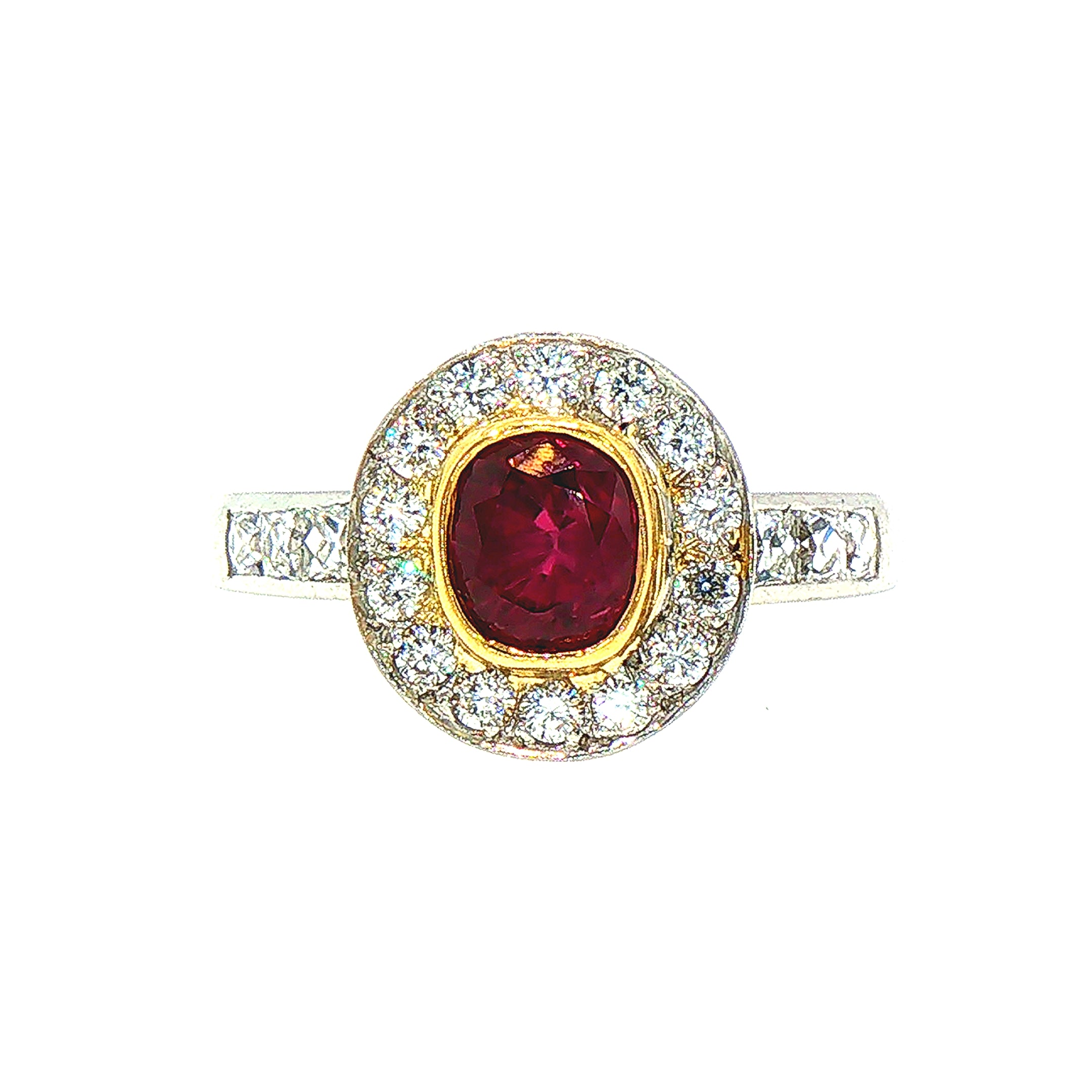 1.39ct Ruby & 0.74ct Natural Diamond Halo Cluster in Platinum & 18ct Yellow Gold