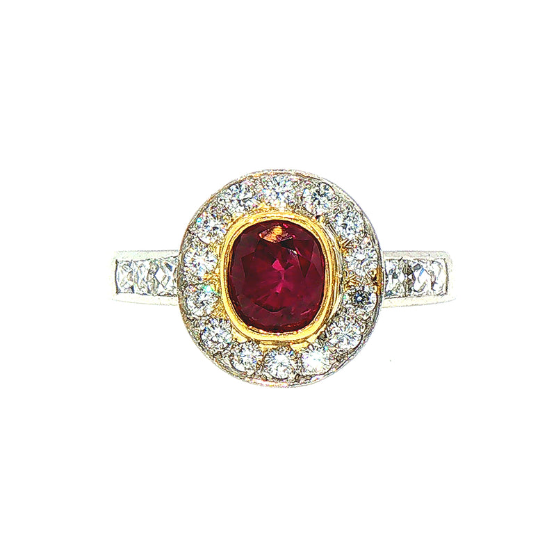 1.39ct Ruby & 0.74ct Natural Diamond Halo Cluster in Platinum & 18ct Yellow Gold
