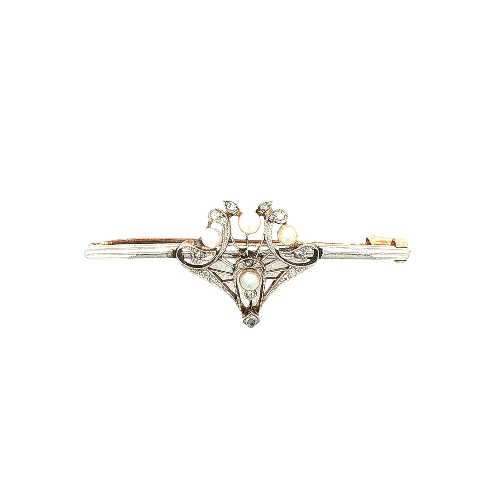 Pearl & Natural Diamond Antique Bar Brooch in 15ct White and Yellow Gold
