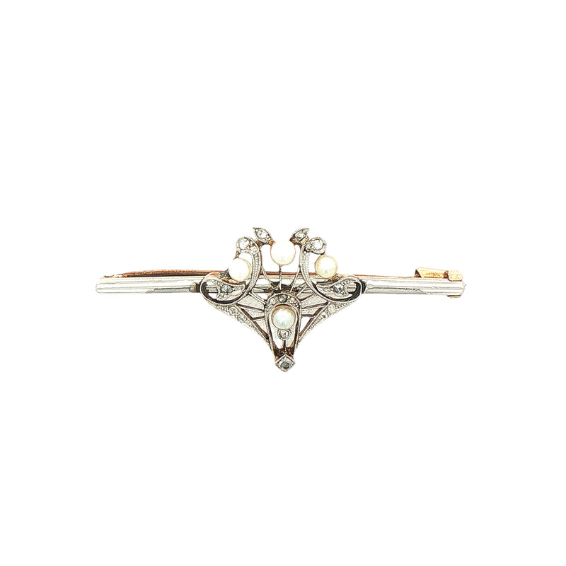 Pearl & Natural Diamond Antique Bar Brooch in 15ct White and Yellow Gold