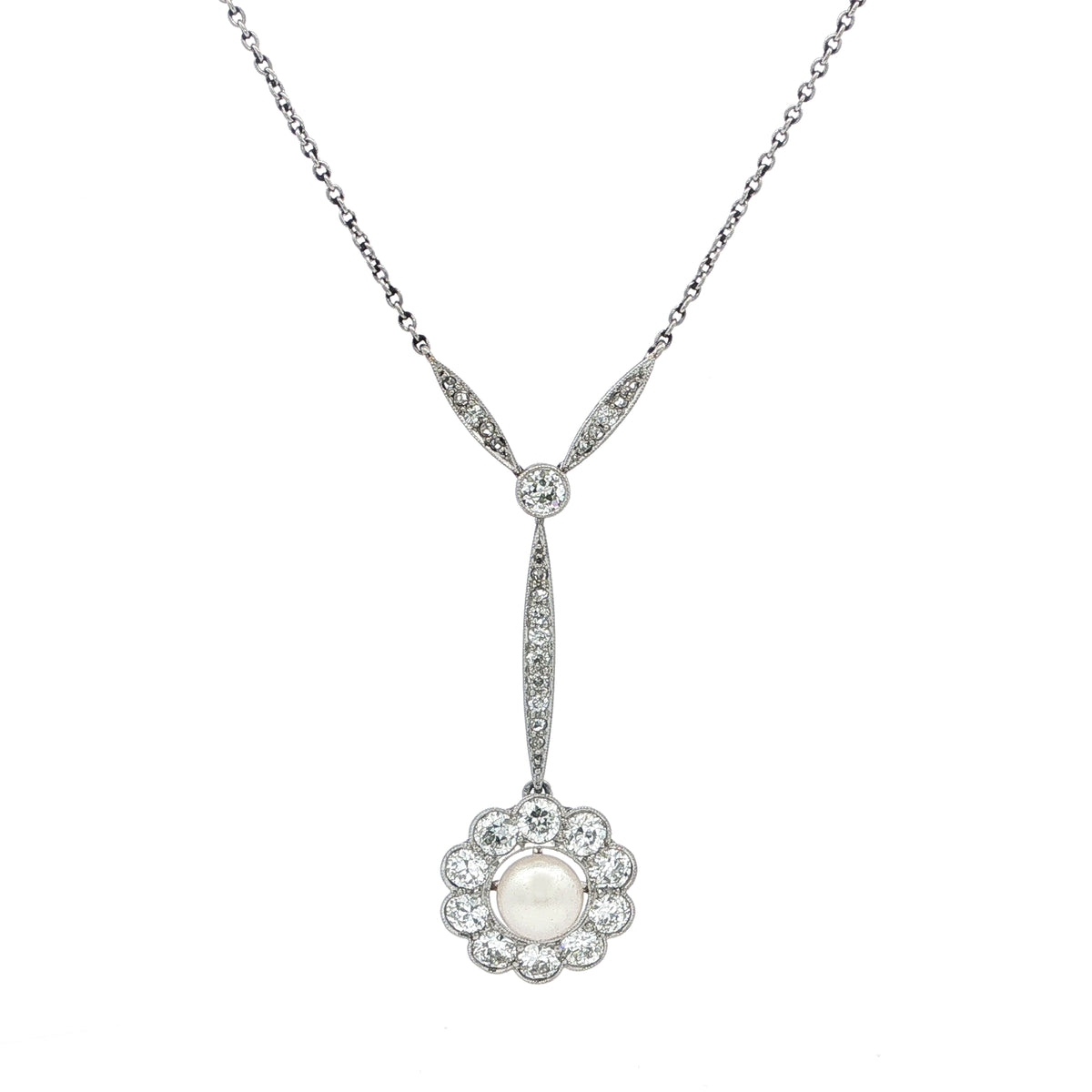 2.00ct Natural Diamond & Pearl Floral Shape Antique Pendant in 14ct White Gold
