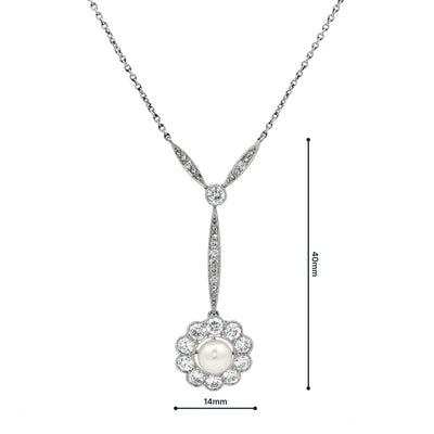 2.00ct Natural Diamond & Pearl Floral Shape Antique Pendant in 14ct White Gold