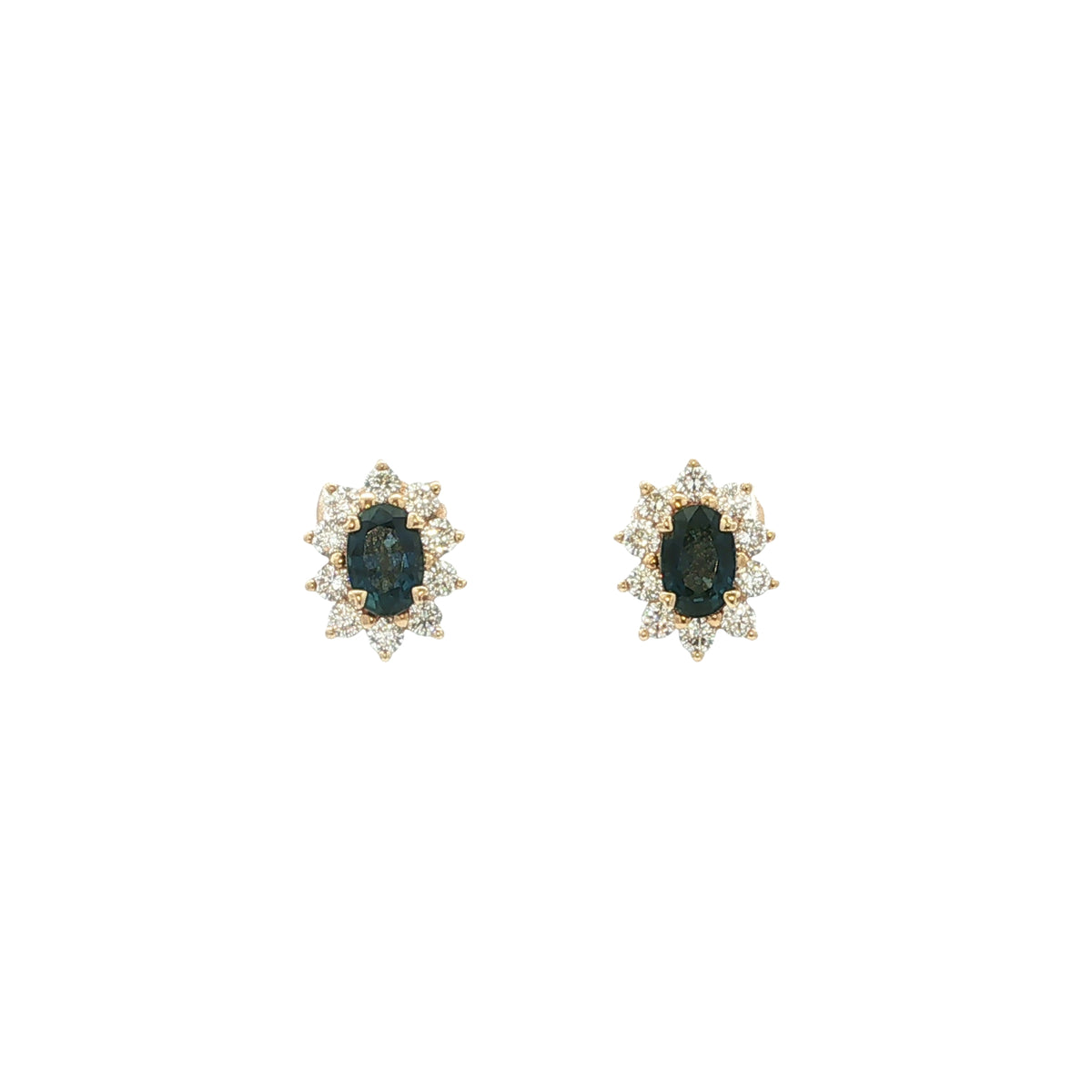 Vintage Sapphire & Natural Diamond Oval Sapphire And Diamond Cluster Earrings Set In 18ct Yellow Gold