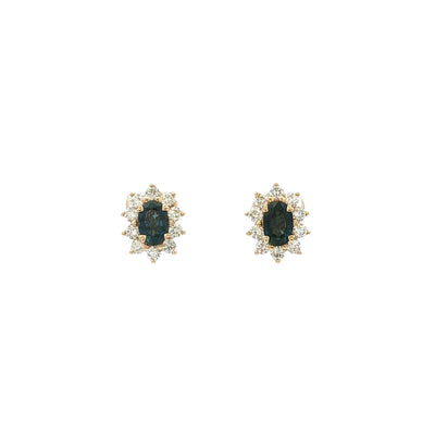 Vintage Sapphire & Natural Diamond Oval Sapphire And Diamond Cluster Earrings Set In 18ct Yellow Gold