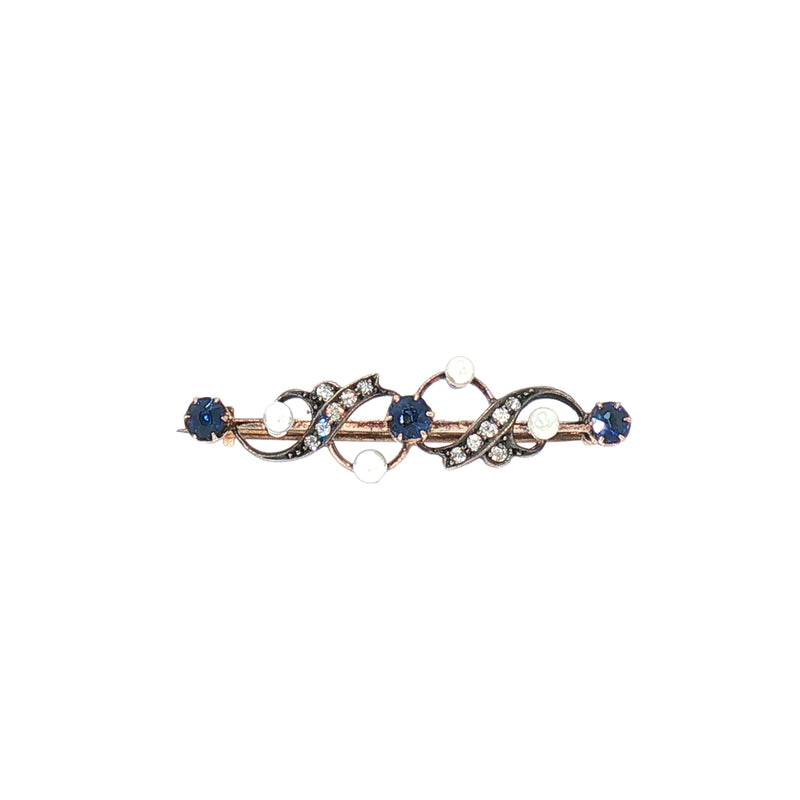 Antique Natural Sapphire & Diamond Pearl Brooch in 15ct White and Rose Gold