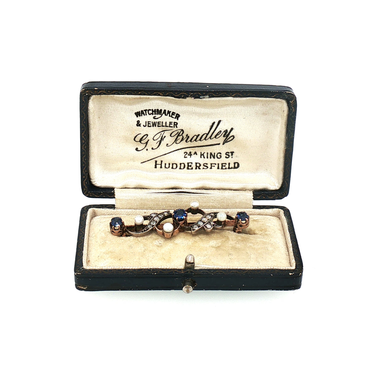 Antique Natural Sapphire & Diamond Pearl Brooch in 15ct White and Rose Gold